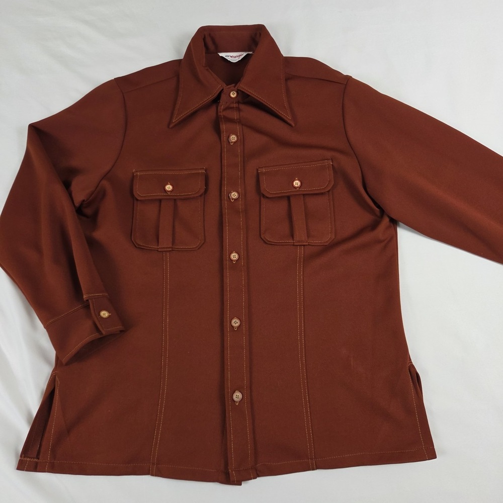 Vtg 70s Wrangler Brown Leisure Shirt Jacket Dagger Collar Flap Pockets Mens L